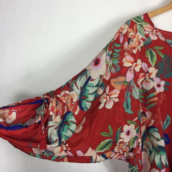 Johnny Was Evy Red Floral 100% Silk Blouse Medium Balloon Sleeve Lightweight - Picture 9 of 14